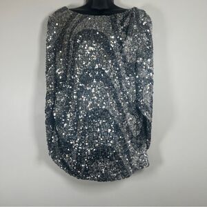 R&M Richards Sequin Top Blouse Large Cape Black Silver Lined made in USA
